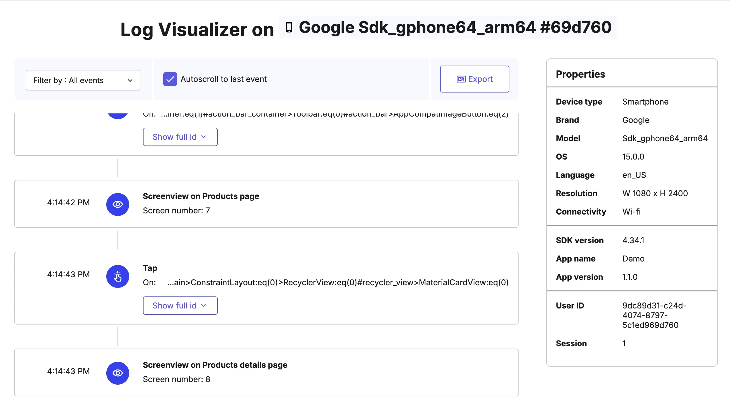 Log visualizer Android activity